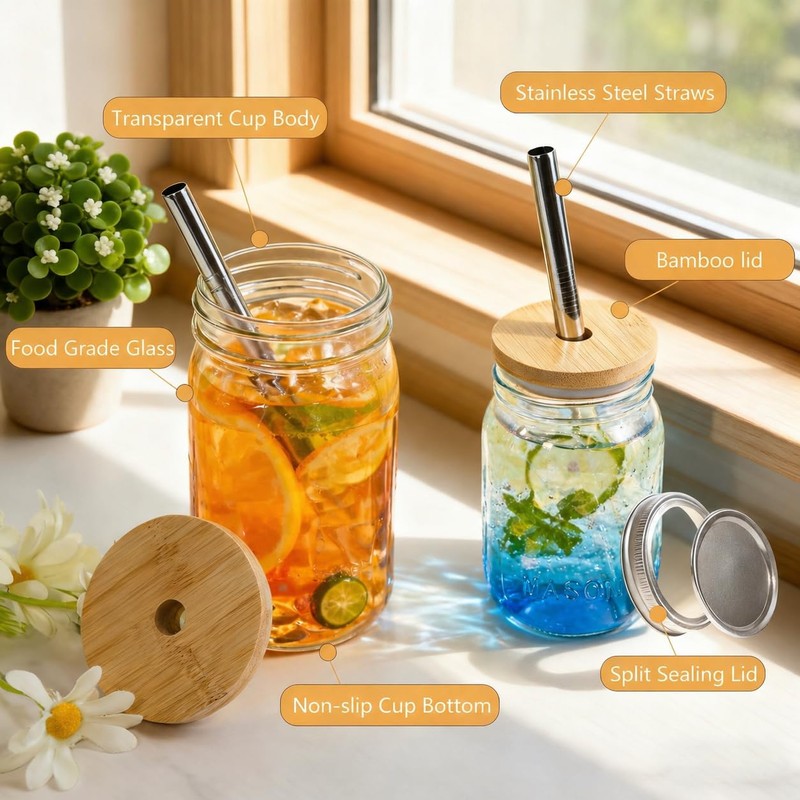 Icesip 4Pack 32oz Vintage Mason Jars with Bamboo Lids, Wide