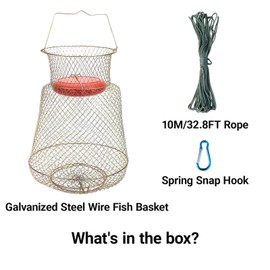 Durable Galvanized Steel Wire Fish Basket - Collapsible Floating Fishing Net with Trap Doors, Rust-Resistant Portable Storage Basket for Outdoor Fishing & Wilderness Survival​ (Floatable Type)