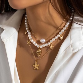 Dcfywl731 Seashell Necklace for Women Gold Conch Shell Necklace Layered Shell Flower Starfish Charm Necklace Puka Shell Necklace Summer Beach Surfer Jewelry Outfits Accessories