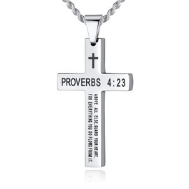 REVEMCN Inspirational Bible Verse Cross Necklace for Men Boys, Stainless Steel Plain Black Silver Cross Pendant Necklace for Men 20-24 Inches Curb Chain Faith Jewelry Gift (Proverbs 4:23 - Silver, 22)