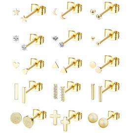 Dochais 15 Pairs of Stud Earrings for Women Tiny Stud Earrings Stainless Steel Earrings Sets 18K Gold Stud Earrings Cartilage Helix Ear Piercing Stud Earrings Jewellery, Stainless Steel