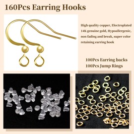160 PCS/80 Pairs 14K Gold Tone and Silver Earring Hooks Hypoallergenic Ear Wires Fish Hooks with 100 PCS Silicone Ear Backs and 100 PCS Jump Rings Gold Earring Findings for DIY Jewelry Making