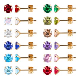 12 Pairs Surgical Stainless Steel Birthstone Cubic Zirconia Stud Earrings, Gold Plated Round Star Heart Square Princess Cut CZ Stud Earrings Set (Gold round 5mm)