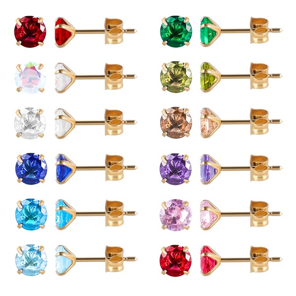 12 Pairs Surgical Stainless Steel Birthstone Cubic Zirconia Stud Earrings,