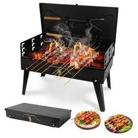 Wind Shear Portable Charcoal Grill Foldable BBQ Grill Kit - Compact Camping Grill for Outdoor BBQ, Cooking, Picnics, Beach, Backyard - Barbecue Accessories with Grill Tools