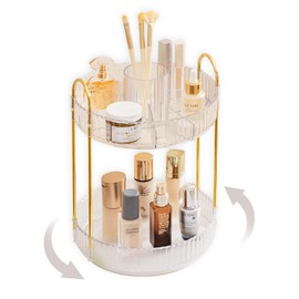 ROLIZOE 2 Tier Makeup Cosmetic Organiser 360° Rotating Makeup Organiser Cosmetic Storage Box Brush Lipsticks Organiser for Bathroom, Bedroom, Dressing Table, Transparent