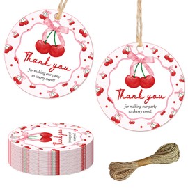 50Pcs Cherry Thank You Tags Cherry Bow Themed Party Decorations She's The Cherry on Top Party Favor Tags Coquette Cherry Gift Tags with String for Girls Birthday Party Engagement Bachelorette Party
