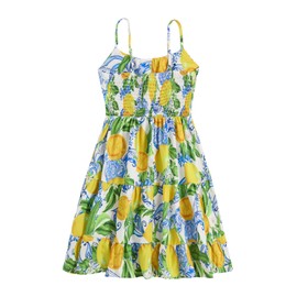COZYEASE Girls' Floral Print Ruched Bust Ruffle Hem Sleeveless High Waist Cami Dress Boho Short Dresses Yellow Blue 11 Years