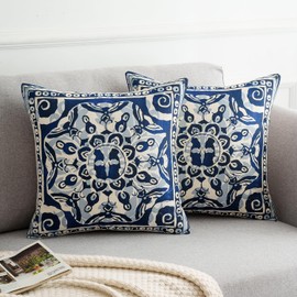 Cushion Cover 45 x 45 cm, Set of 2 Boho Retro Datura Flower Pattern Geometric Blue Beige Sofa Cushion Decorative Cushion Covers Linen Cushion Cover for Sofa Couch Bed Garden Outdoor Home Decor