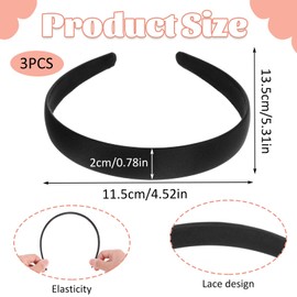3 Pcs Satin Hairbands Solid Wide Padding Headband No Teeth Thick Simple Hair Hoop Boutique Styling Accessories Seamless Lightweight Hair Band for Women Teen Girls Carnival