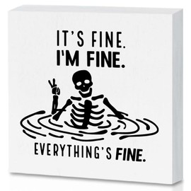 Funny Wood Box Sign It's Fine Everything Is Fine Desk Decor Rustic Wooden Block Sign Wall Art Sign for Home Office Table Decor, Home Living Room Shelf Table Decoration (6×6 Inch)