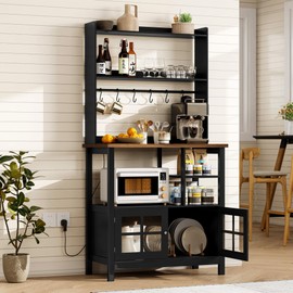 ChooChoo Farmhouse Coffee Bar Cabinet with Storage, Bakers Rack with Power Outlets, Microwave Stand Kitchen Cabinet with Hutch and 6 Hooks, Black