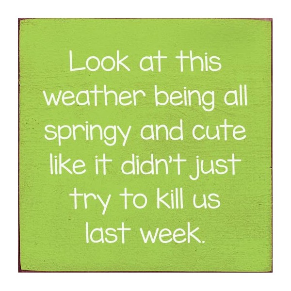 Wood Sign: Look at this weather being all springy... (Apple)