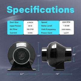 iPower Grow Tent Ventilation System 4 Inch Inline Duct Ventilation Fan 195 CFM, Carbon Filter and 8 Feet Ducting and 1 Pair Rope, Circulation Vent Blower Air Filtration Kit