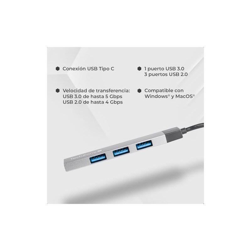TECHZONE Hub 4 Puertos USB Tipo C (1 Puerto USB