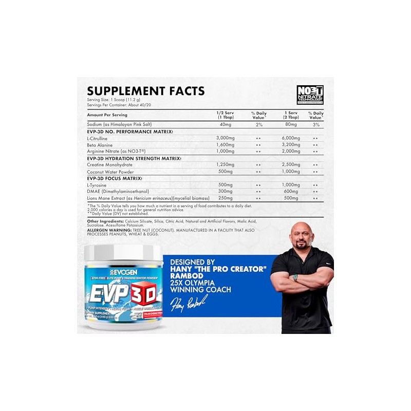 Evogen EVP 3D Preentrenamiento Sin Estimulantes Stim-Free Pre-Workout Powder, Cherry