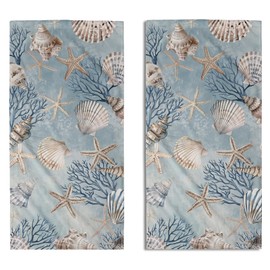 Trongr Summer Starfish Hand Towels Set of 2, 14x28 Inch Blue Coral Handtowels Bathroom Towels Ocean Coastal Holiday Absorbent Soft Nautical Shell Decor Bath Towel for Home Party Decorations