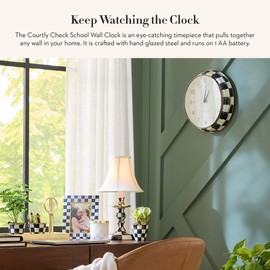 MACKENZIE-CHILDS Wall Clock, Decorative Enamel Clock for Kitchen and Living Room, Black-and-White Courtly Check
