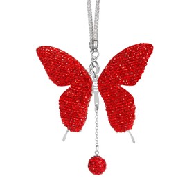 NQEUEPN Butterfly Car Hanging Ornament, Cute Car Mirror Charm Rhinestone Car Mirror Hanging Accessories Car Rear View Mirror Decor for Women Men (Red)