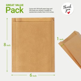 200 Pack Paper Sandwich Bags with Seal Stickers, 6"×8"×1" Unbleached Natural Kraft Paper Bakery Bags for Lunch Packing, Cookies, Treats, Snacks, Pastry, Baked Goods