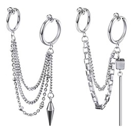 2-Piece Set Fake Earrings, Ear Cuffs, Chain, Men's, Women's, No Holes, Earrings, Korean Fashion, One Ear, Popular, Hypoallergenic, Storage Pouch Included, Unisex, Stainless Steel, Fake Earrings, Ear Cuffs, Chain, Non-Piercing Earrings