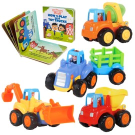 Construction Toy Truck Set for Toddlers Ages 1-4 - Push & Pull Friction Trucks, Matching Book - BPA Free Cars for Boys & Girls
