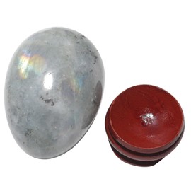 Fythesk Polished Natural Moonstone Crystal Egg Figurines, Gemstone Eggs Pocket Palm Stone Healing Sphere Fengshui Decoration with Wood Stand