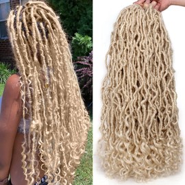 Leeven 24 Inch Blonde New Faux Locs Crochet Hair With Curly Ends for Black Women 6 Packs Synthetic Goddess Soft Locs Braiding Hair 126 Strands 613 Color Curly Wavy Pre-Looped Goddess Locs Braids Hair