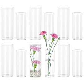 Glasseam Glass Cylinder Vase in Bulk: 12pcs Clear Small Bud Flower Vases for Centerpieces - Modern Hurricane Pillar or Floating Candle Holder for Wedding Party Table Living Room Home Decor