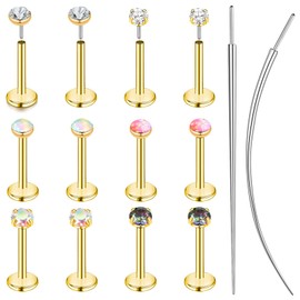 ONESING 12Pcs 18G Flat Back Nose Studs 14K Gold Threadless Flat Back Earrings Hypoallergenic Stainless Steel Nose Rings Studs Cartilage Earrings Tragus Helix Labret Lip Conch Push in Stud Earring for Women Men