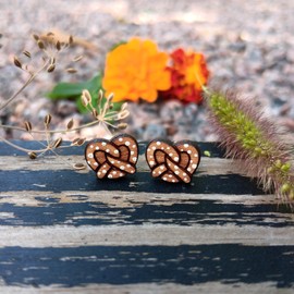 Oktoberfest German Salted Pretzel Nickel Free Hypoallergenic Stud Earrings, Funny Circus Faire Stadium Food Hand Painted Cherry Wood Stud Earrings Jewelry