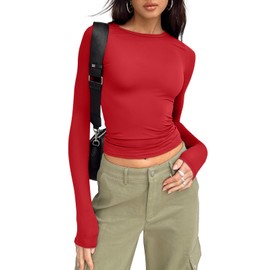 Trendy Queen Womens Long Sleeve Shirts Basic Tees Crop Tops Going Out Spring 2025 Workout Outfits Y2k Clothes Red M
