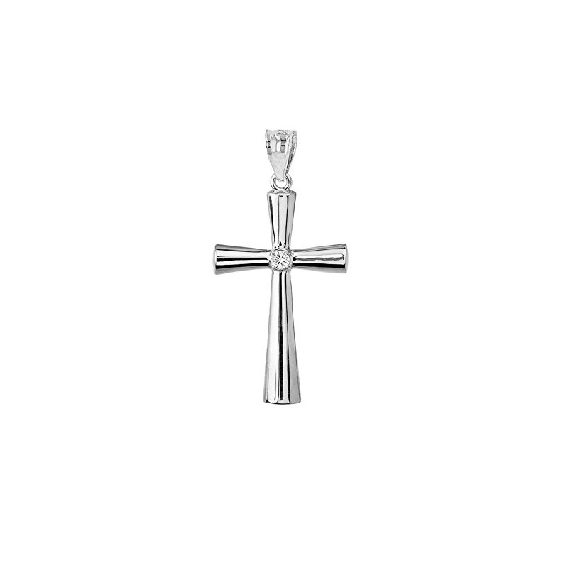 Solid Sterling Silver Simple CZ Religious Cross Pendant Necklace, 16"