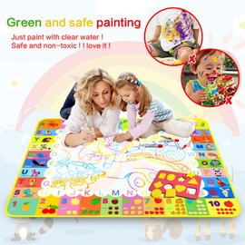 Water Doodle Mat - 120 x 90cm Large Aqua Magic Water Drawing Mat with Magic Pens, Stamps, Molds No Mess Coloring Painting Educational Christmas Birthday Gift for Toddlers Boys Girls Toys Aged 3 4 5