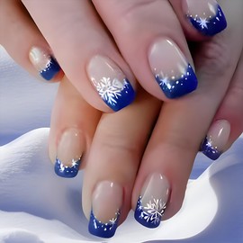 Christmas Press on Nails Medium Square MABKJLF Blue French Tip Fake Nails Winter False Nails with Designs Snowflake Full Cover Glossy Glue on Nails Xmas Acrylic Nails for Women Girls 24 Pcs