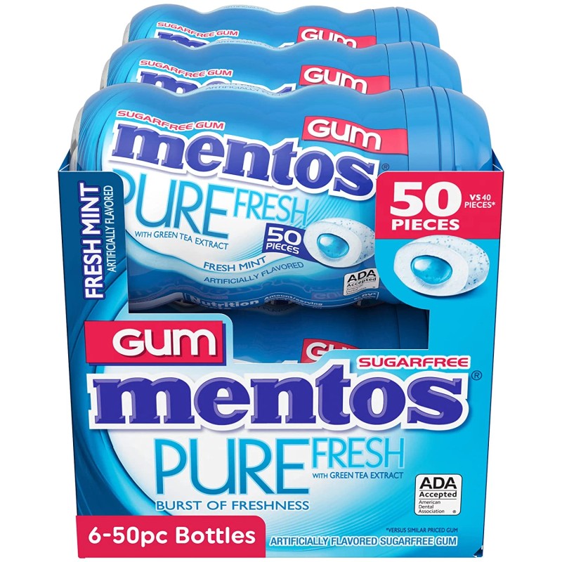Mentos Pure Fresh Chewing Gum with Xylitol, Fresh Mint, 50