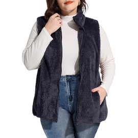 CARCOS Plus Size Womens Polar Fleece Vest 5X Warm Fuzzy Sleeveless Jackets Fleece Lined Outerwear Coats Navy Blue Waistcoat with Pockets Zip Up Vest Fall Winter 5XL 26W 28W
