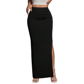 BEAUDRM Women's High Waist Maxi Skirt Ruched Side Split Thigh Elegant Bodycon Long Skirts Black S
