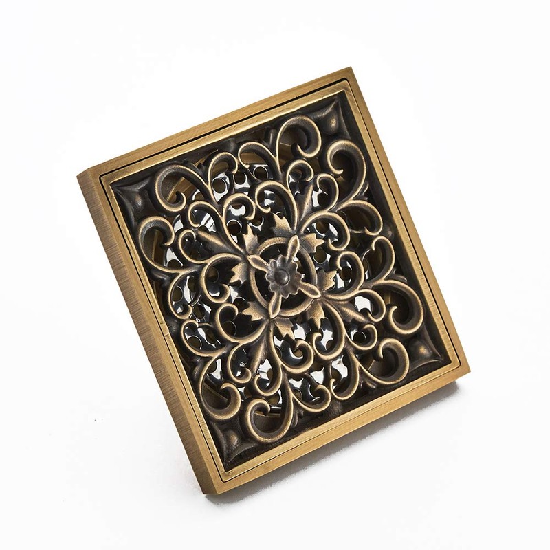 KUNGYO Vintage Bathroom Floor Drain Flower Carved with Brass -