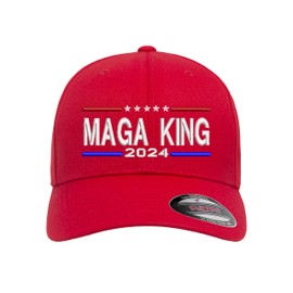Trump MAGA King Logo Embroidered Flexfit Fitted Ball Cap + Sticker (Curved Brim, Large-XLarge, Red)