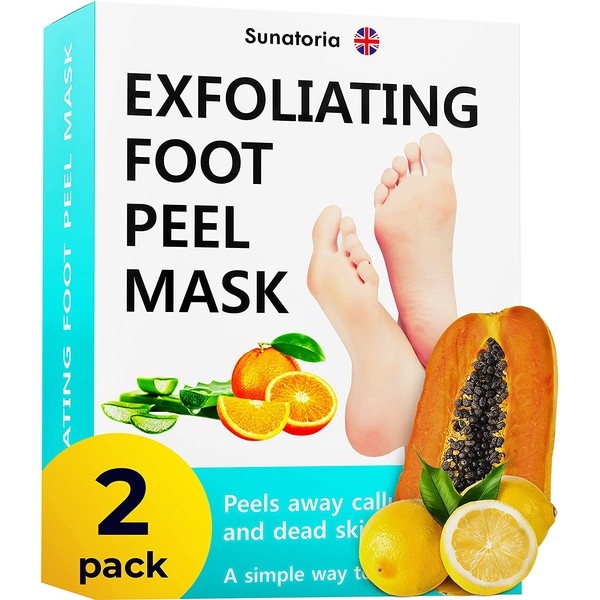Foot Peel Mask - 2 Pack (Pairs) Exfoliating Foot Mask - Makes Feet Baby Soft by Peeling away Calluses - Dead Skin Remover Foot Mask Peel by Sunatoria - Repair Rough Heels and Baby Soft Feet Gel Socks