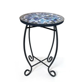 LIFFY Outdoor Side Table,12" Round Ceramic Tile Tabletop Accent Table with Metal Frame, Indoor Small Decorative Plant Stand & End Table for Home, Patio, Garden