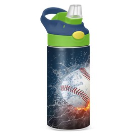 Fire Ice Baseball Kids Water Bottle with Straw and Carry Handle Sports Theme Vacuum Insulated Stainless Steel Bottles 12 oz Green Lid Leak-Proof for Boys Girls Toddler 4-8 Years Old