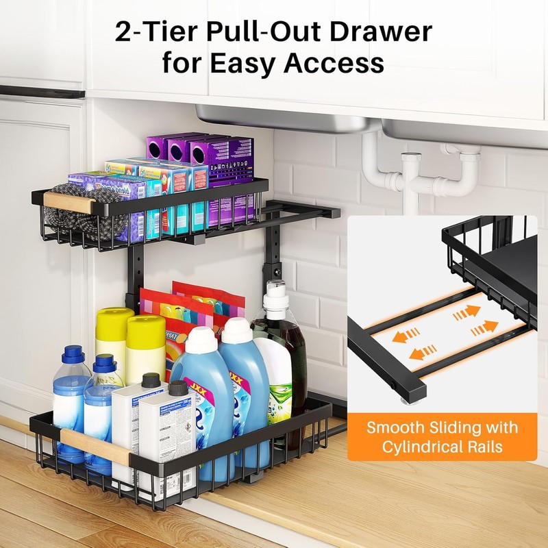 PXRACK 1 Pack Under Sink Organizer,Adjustable Height,2 Tier Pull Out