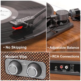 Vinyl Record Player Bluetooth with Upgraded Speakers, Sound Cavity & Counterweight, Vintage 3-Speed Belt-Drive Turntable LP Player with RCA Output, Mid-Century Design
