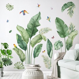 decalmile Tropical Palm Leaves Wall Decals Nature Banana Leaf Green Plants Birds Wall Art Stickers Living Room Sofa TV Background Wall Decor