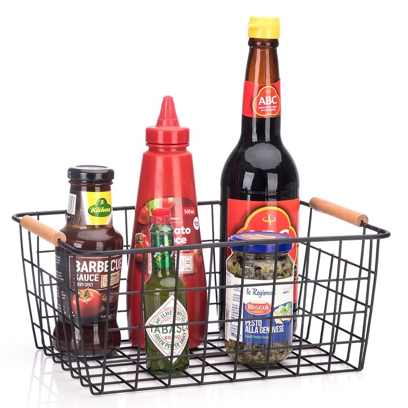 LeleCAT Wire Baskets with Wooden Handles Wire Storage Organizer Bin
