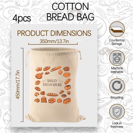 4Pcs Linen Bread Bags to Keep Bread Fresh, Reusable Bread Storage Bags for Homemade, Large Washable Bread Bag with Drawstring, Ideal for Potato Storage and Display