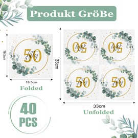 Wentsent Sage Green 50th Birthday Napkins for Women Men, Happy 50th Birthday Gold Napkins Eucalyptus Napkins Serviettes for Birthday Anniversary Cocktail Party Table Decoration