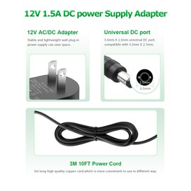 Arkare 12V 1.5A Power Supply Adapter 18W 10FT AC/DC Charger AC 100V-240V to DC 12Volt 1.5A Power Cord 12V 1.5 A 1A 800mA 500mA for LED Strip Light BT Speaker GPS Webcam Microphone Receiver with Tips